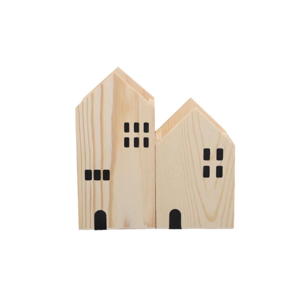 2PCS Cartoon House Shape Pen Container Wooden Makeup Brush Storage Box Stationery Rack  Gift