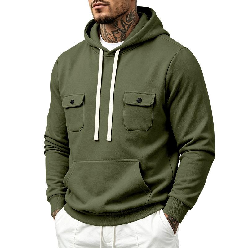 Men’s Heavyweight Fleece-Lined Outdoor Sports Loose-Fit Workwear Plain-Coloured Hooded Sweatshirt for Autumn/Winter