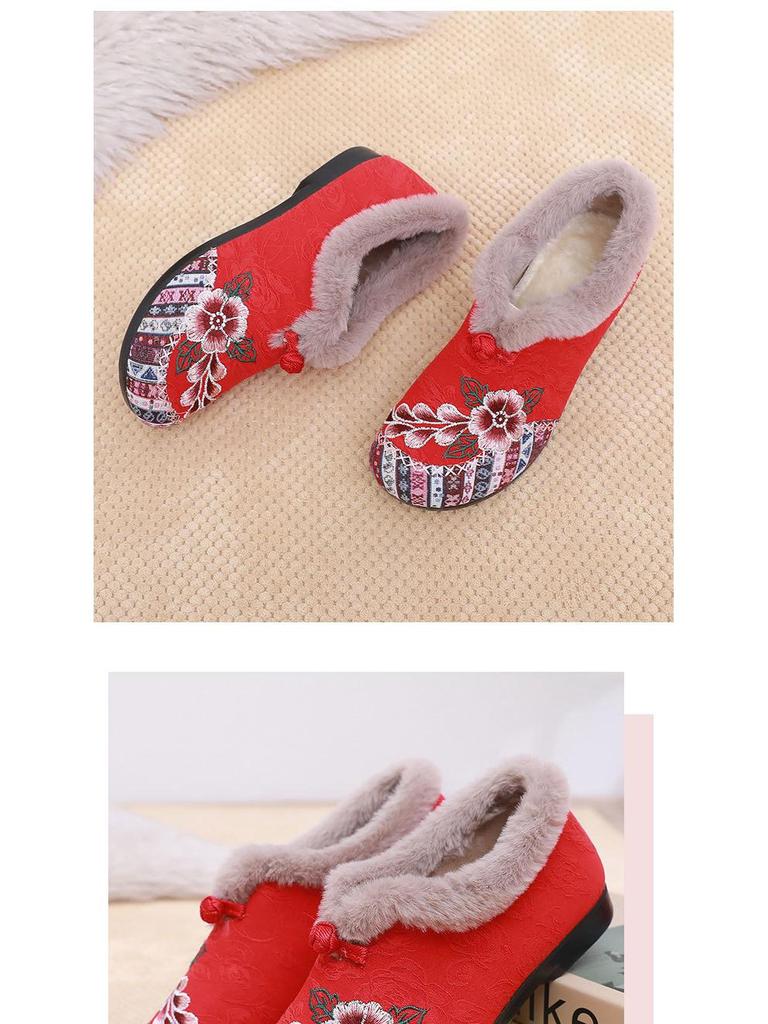 Теплые этнические вышитые хлопковые туфли – Мягкая подошва, меховая подкладка, комфорт для среднего и пожилого возраста