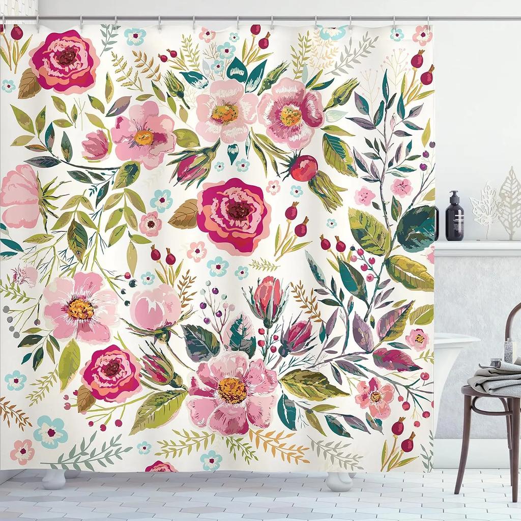 Bohemian Floral Shower Curtain Watercolor Botanical Tropical Palm Leaf Butterfly Modern Simple Polyester Bathroom Decor Curtains