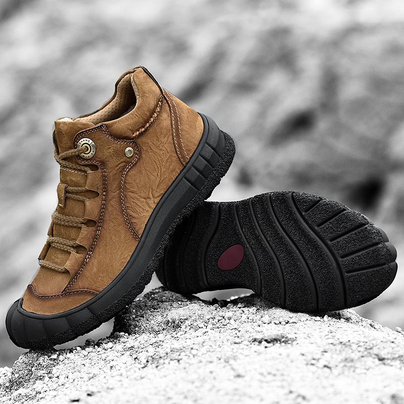 Men's Hiking Leather Boots High Top Plush Outdoor Cotton Shoes Large Size 39-46