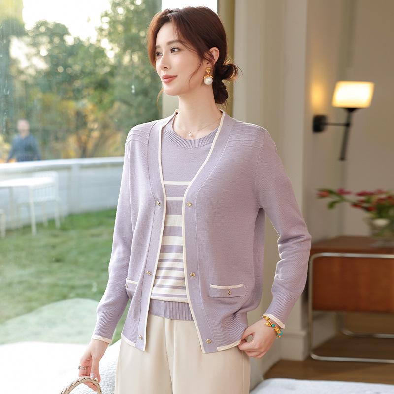Mom's Chic Spring Knit Cardigan & Inner Layer Striped Two-Piece Set for Mid-Aged Woman