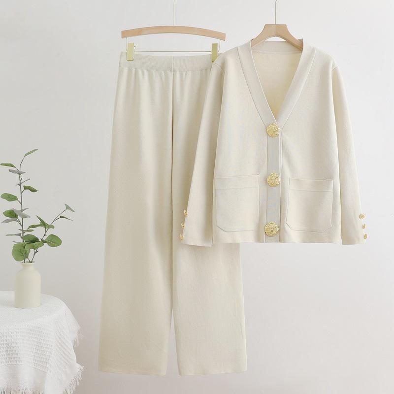 Вязаный комплект кардиган с V-образным вырезом и брюки широкого кроя Осень-Зима