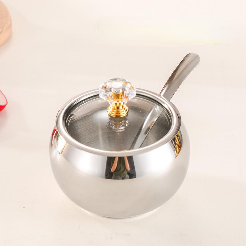 Gold and Silver Household Kitchen Condiment Pots for Serving Sugar Pepper Salt Spice Stainless Steel Sugar Bowl with Lid & Spoon