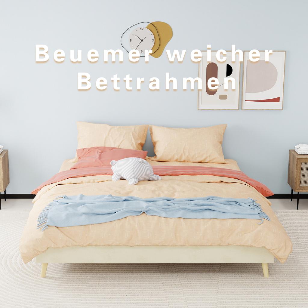 Modern Minimalist Bed Frame, 160x200 cm, Beige, Dutch Velvet Fabric, Low-Profile Base. Excludes Gas Lift Mechanism, Headboard, and Mattress.