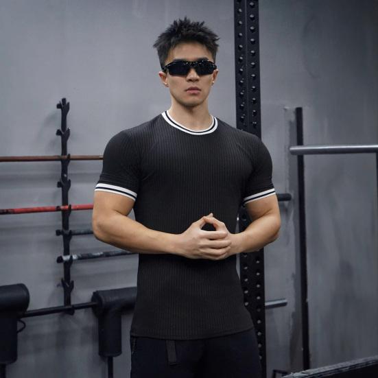 Men's Elastic Muscle T-Shirt Round Neck Short Sleeve Fitness Top Slim Fit Casual Running Tee for Sports Gym Outdoors