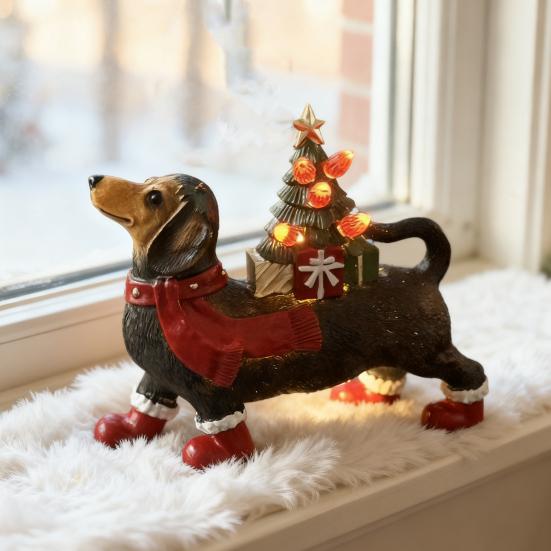 Dachshund Christmas Decor Resin Dog Figurine with Scarf Boots Lighted Blow Mold Xmas Tree Holiday Ornament
