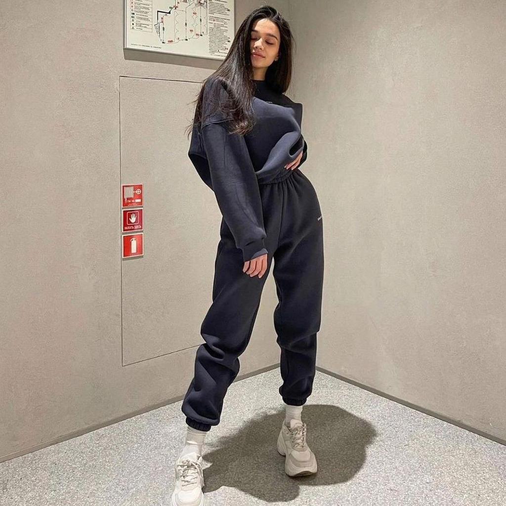 Женский однотонный костюм с длинным рукавом и круглым вырезом, осенне-зимний свободный верх, широкие брюки