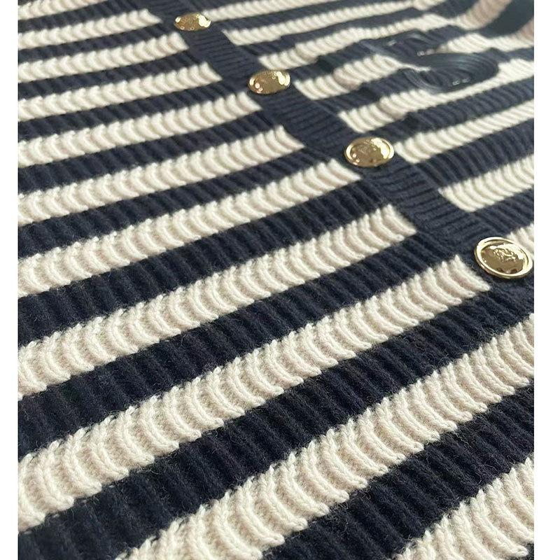 Женский полосатый вязаный кардиган с воротником «лепесток лотоса» на осень/зиму 2023 года - Элегантный шерстяной свитер в стиле «маленький аромат»