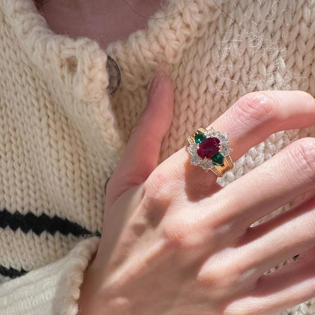 Elegant Handcrafted Gold Plated Adjustable Emerald And Ruby Ring For Women
