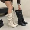 Mi Ting European and American Style, Belt Buckles Piled Up, Thin, Pointed Toe, Slope Heel, Long Boots, Light Luxury Style, But Knee Boots, Long Boo