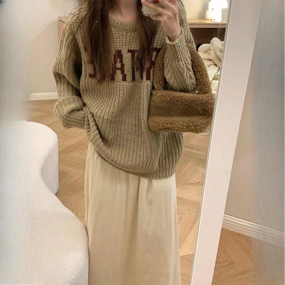 Женский пуловер в ленивом стиле с надписью, осенне-зимний, высококачественный, мягкий, крупной вязки, милый, утепленный
