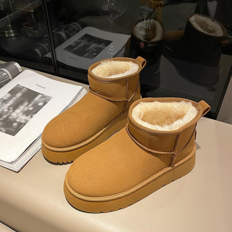Зимние сапоги на толстой плюшевой платформе, женские зимние теплые ботинки из хлопка и меха, женские ботильоны из искусственной замши без застежек, туфли на платформе