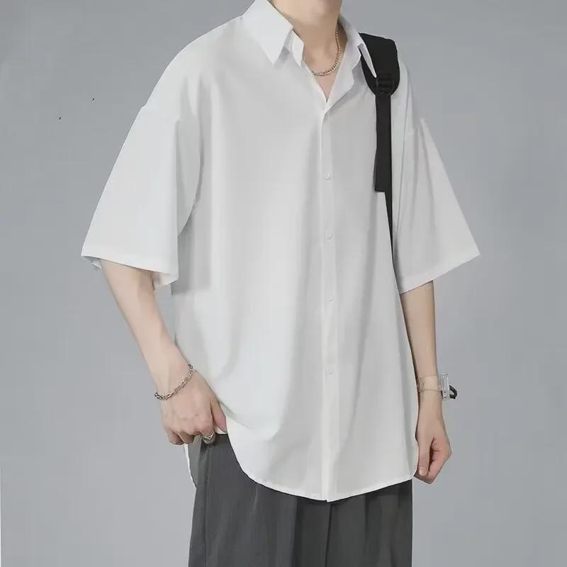 Men's Summer Trendy Loose-Fit Black Ice Silk Shirt with Casual Five-Point Sleeves