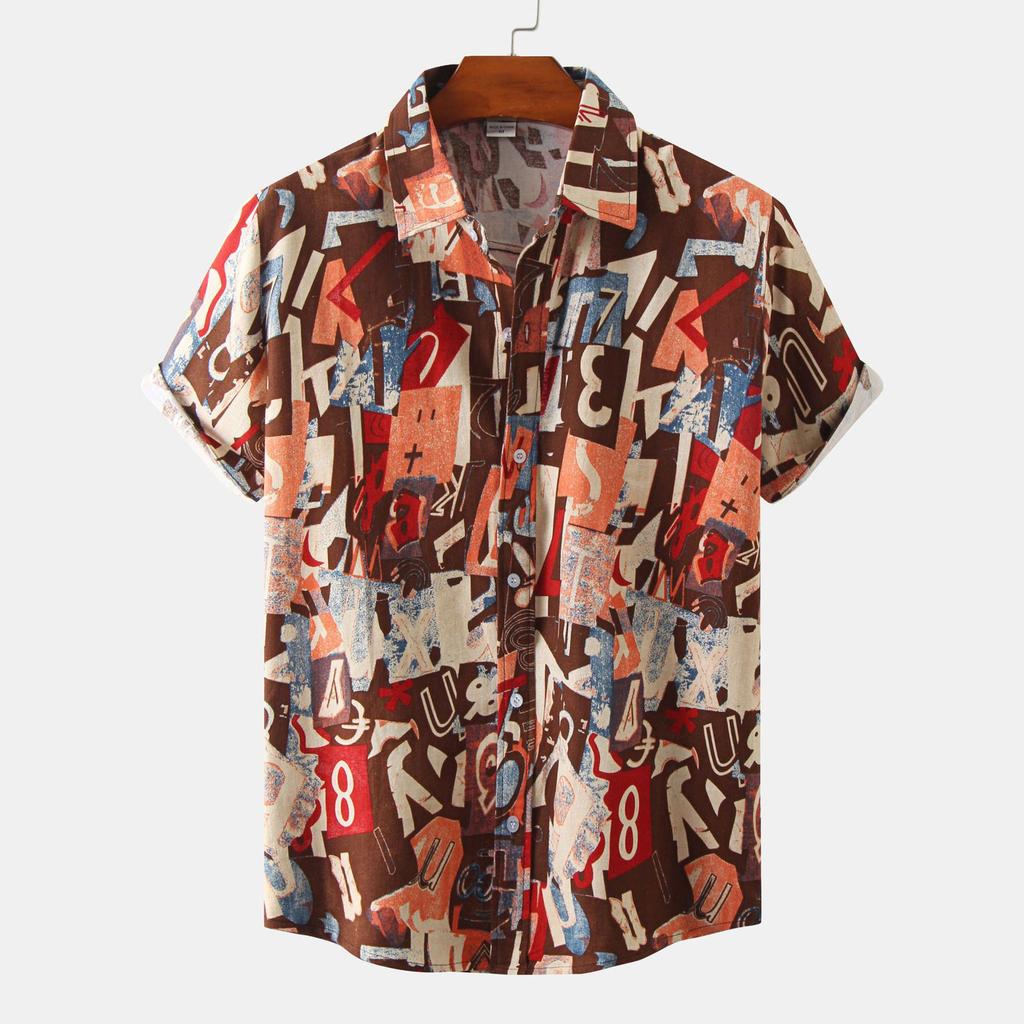 Men's Hawaiian Vacation Casual Cotton Linen Top Printed Short Sleeve Floral Shirt