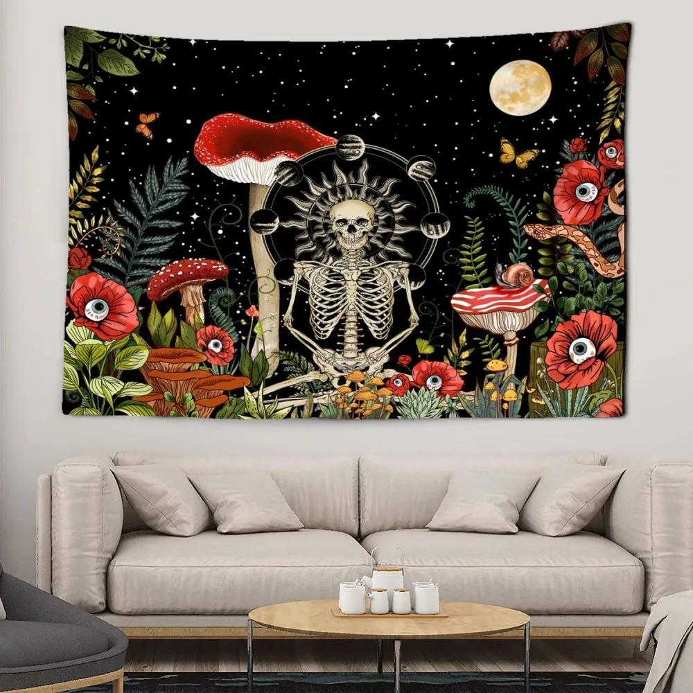 Tapestry Psychedelic Mushroom Skull Wall Art Hippie Floral Bedroom Decor Shimmering Living Room Dorm Hanging