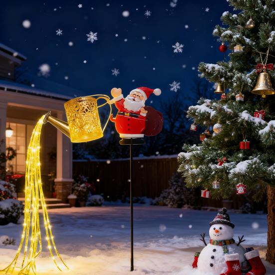 Solar Lights Outdoor Santa Watering Can Kettle Lights LED Fairy Lights Waterproof Metal Garden Lantern for Yard Patio Lawn Pathway