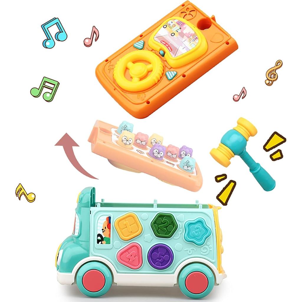 SHEFEITE Interactive Bus with Sounds and Lights, Educational Sorting Toy for Toddlers 3+ Years, Animal, Tools, Clock Activities, Blue