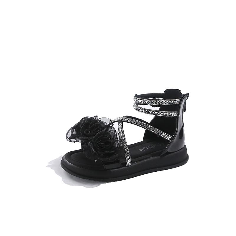 Сандалии принцессы для девочек с цветами, летняя мода, детская обувь со стразами, мягкая подошва, гладиаторские сандалии для больших детей