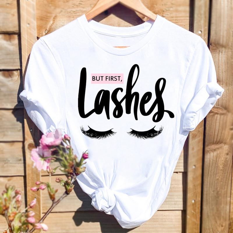 Women Print T-shirts Watercolor Eye Lashes Eyelashes Trend Graphic Tops Fashion Short Sleeve Summer Shirt Female Tees