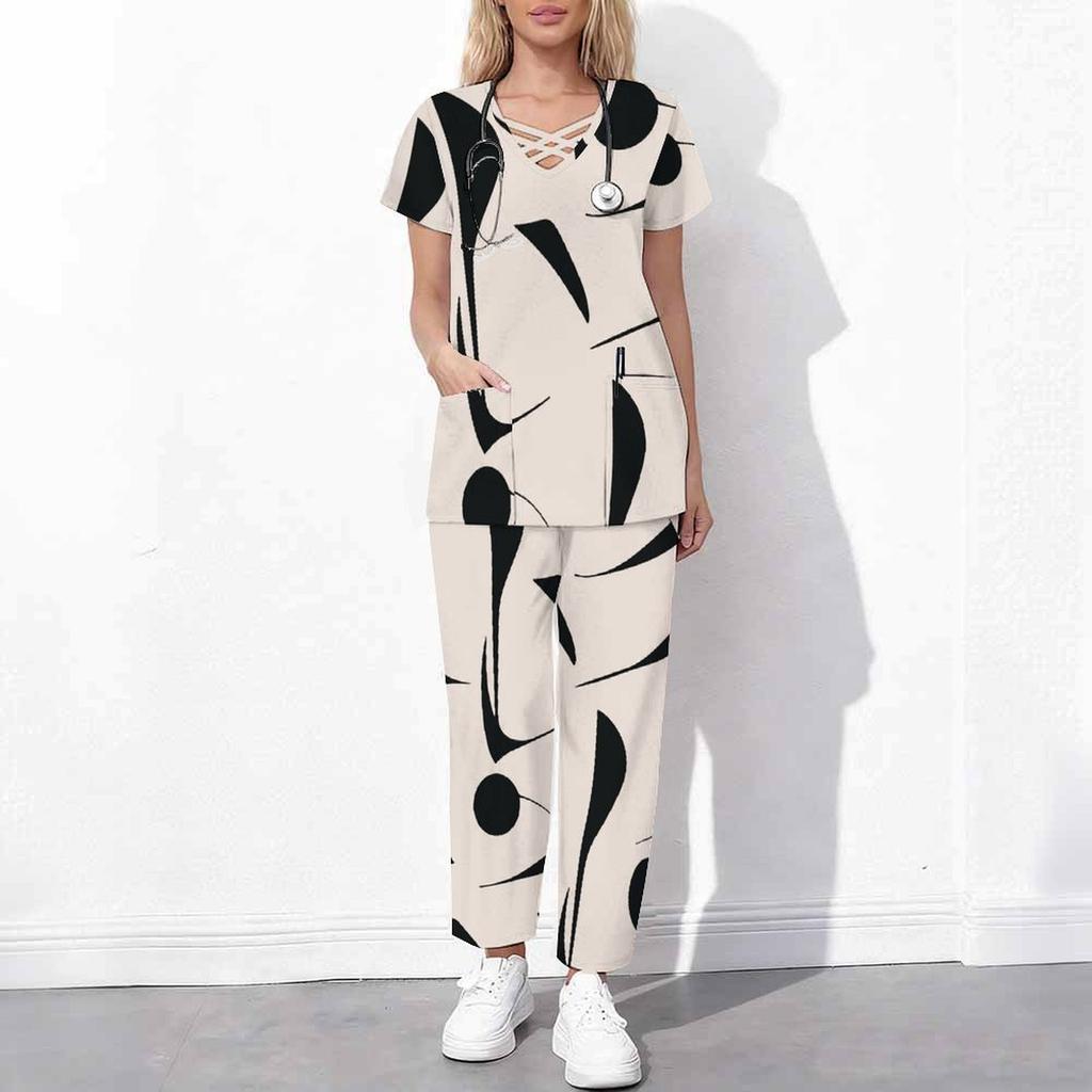 Women Plus Size Pink Orange Printed Cutout Neck Short Sleeve Scrub Set Pocket Top Long Pants
