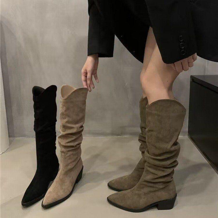 French Retro Brown Small Boots Summer and Autumn New High Boots Women's Boots Stacked Boots Cowboy Boots
