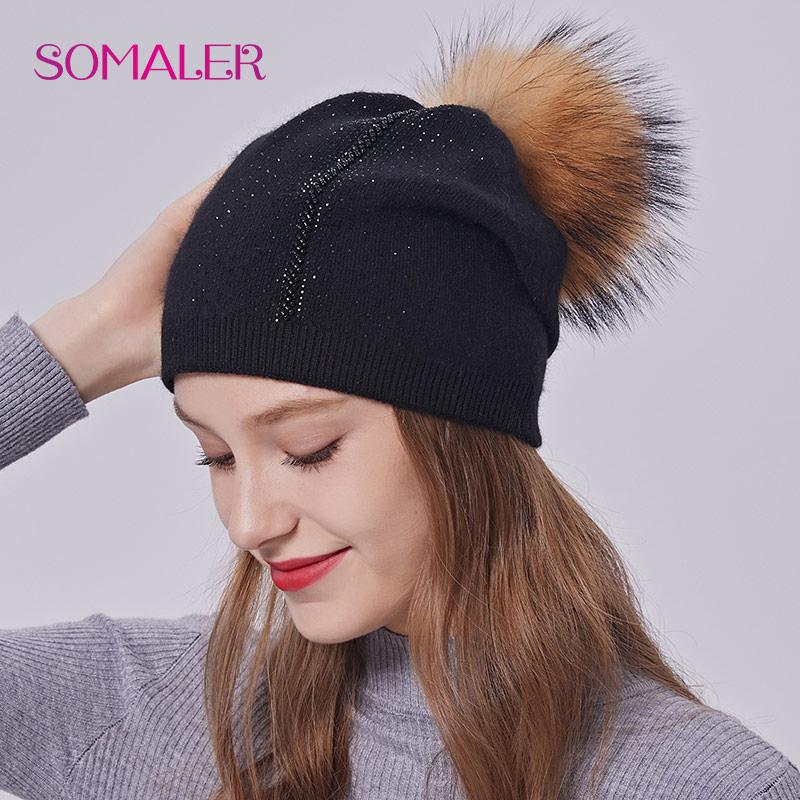 SOMALER Зимняя вязаная шапка с большим помпоном из натурального меха для женщин, теплые шерстяные шапки с украшением, модные вязаные шапки с черепом