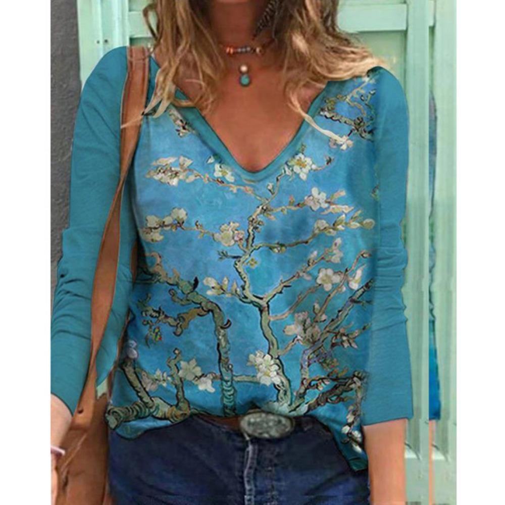 Футболка с длинными рукавами и V-образным вырезом, выполненная с цифровой печатью, для женщин, красивая и очаровательная, становится лидером в индустрии моды.