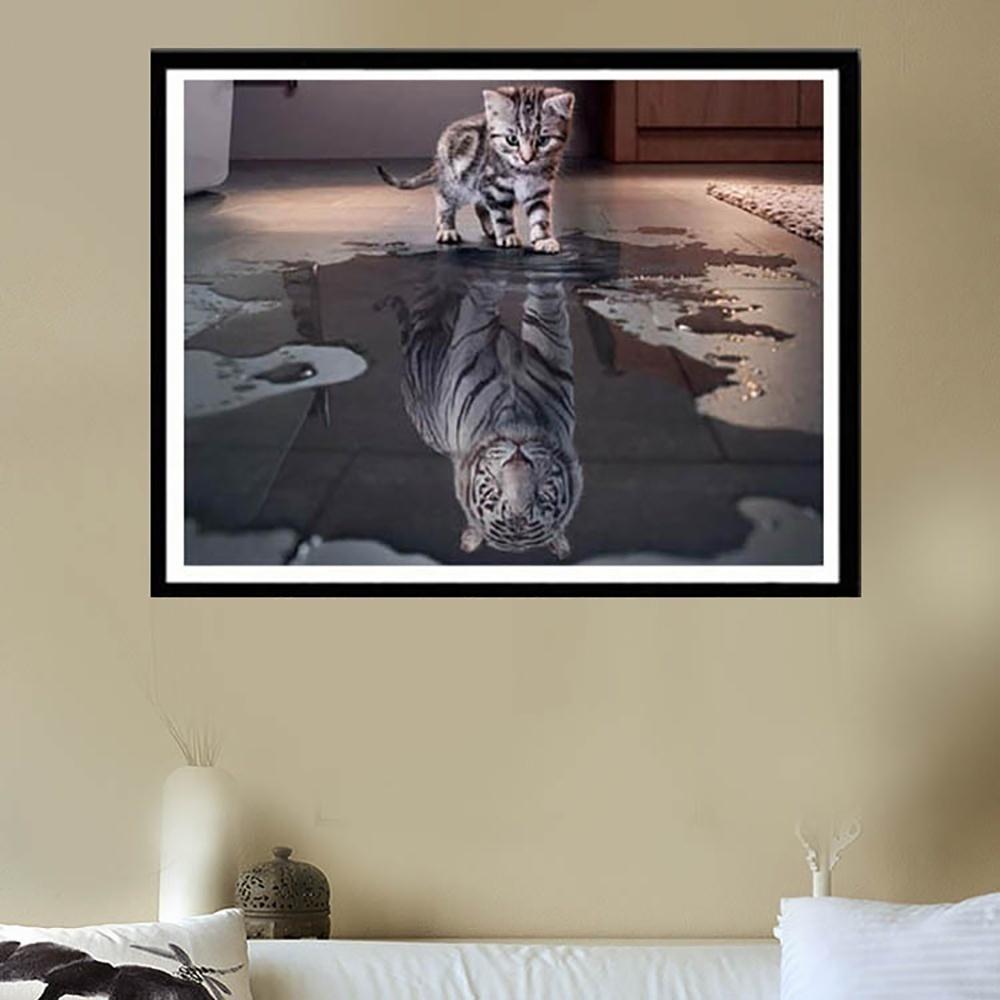 5D Diamond Diy Cross Stitch Cat and Tiger Reflections Home Decoration Painting Background Wall Art W