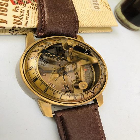 Морские латунные солнечные часы, кожаный ремешок, штампованный наручный компас для навигации, наручные часы, кожаный ремешок, коллекционный подарок