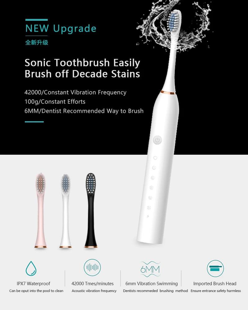 Electric Toothbrush Smart Timing Tooth Brush USB Rechargeable Teeth Clean Whitening Sonic Toothbrush With Replacement Head