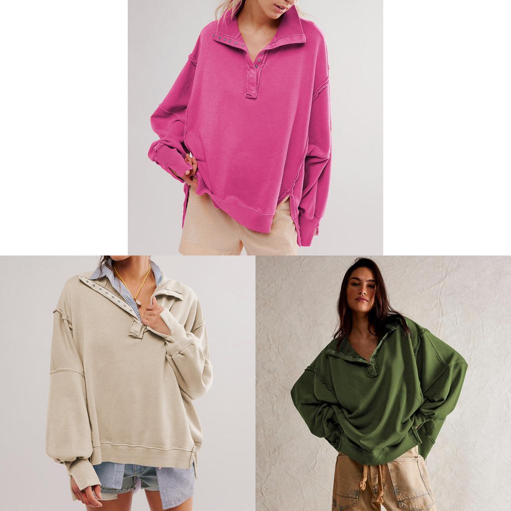 Streetwear Women Loose Fit Lantern Sleeve Hoodie With Button Details For Fall 2024