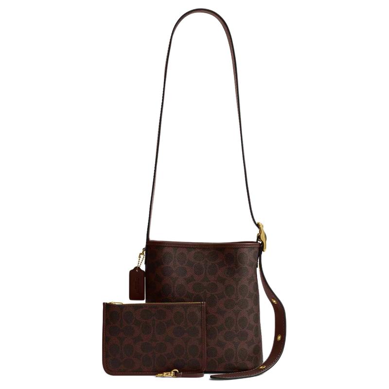 COACH crossbody bag Bleecker 21 Removable Zipper Leash Clip Closure Signature Coated Canvas and Natural Grain Leather Bucket Shoulder Small Women's