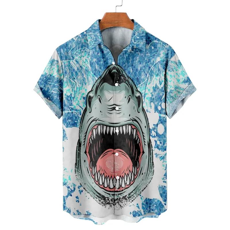 Мужская рубашка с 3D принтом морских животных, модная уличная одежда с короткими рукавами и лацканами, классная и инновационная гавайская рубашка с акулой