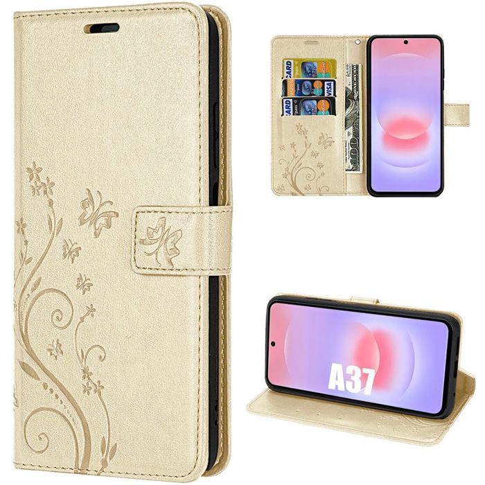 Coque pour Samsung Galaxy A37 5G, Protection Anti-Rayures Cuir Synthétique Doré Motif Plante