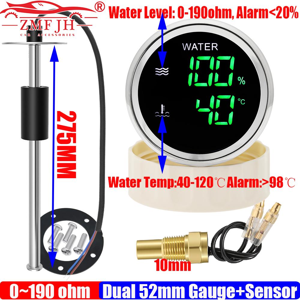 ZMFJH Digital 52MM Dual Gauge with Alarm Green LED 2 IN 1 Water Temperature+Water Level Gauge Sensor 0-190ohm for Car Boat Yacht