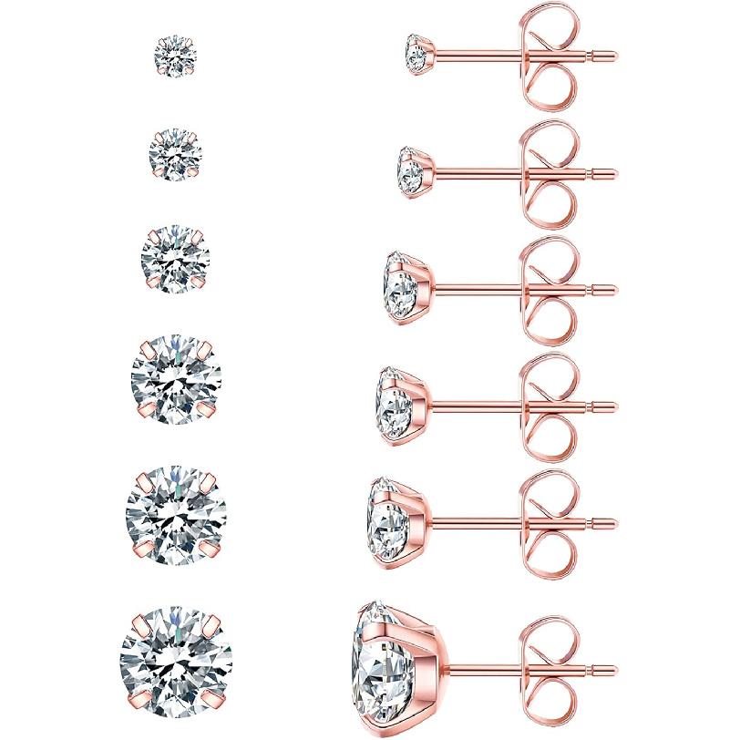 6 Pairs Stud Earrings Set, Hypoallergenic Cubic Zirconia 316L Earrings Stainless Steel CZ Earrings 3-8mm (Steel color)