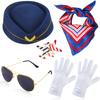 PESENAR DarkBlue Flight Attendant Costume Accessories Women Airline Stewardess Outfits Hat Scarf Sunglasses Gloves for Halloween