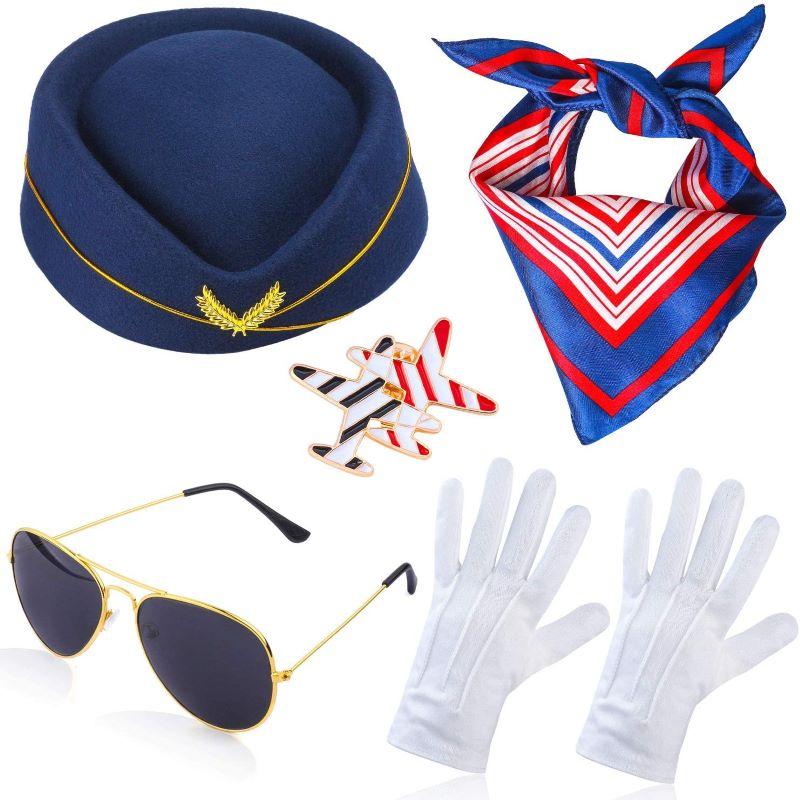 PESENAR DarkBlue Flight Attendant Costume Accessories Women Airline Stewardess Outfits Hat Scarf Sunglasses Gloves for Halloween
