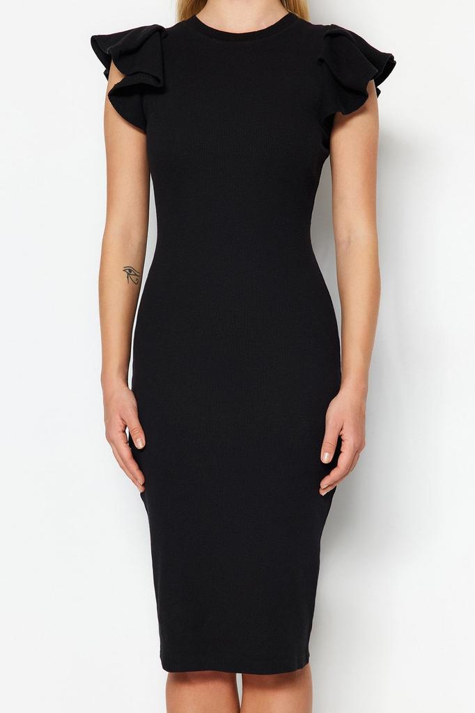 Women's Style Dress Green Ribbed Sleeves Flounce Midi Knitted Dress