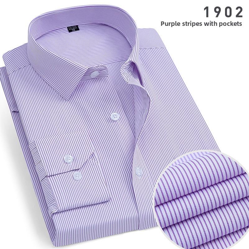 Men's Striped Long Sleeve Shirt, Cotton Blend Square Collar Business Shirt, Lightweight Pocket Top
