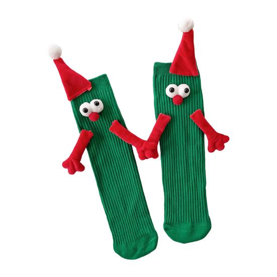 1 Pair Christmas Couple Socks Cartoon Shape Magnetic Hand-linking Festive Mid-tube Thick Warm Anti-slip