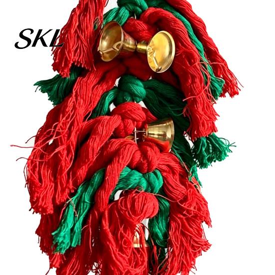Safe Parrot Chew Toy Jingle Bell Toy, Red Green Christmas Bird Cage Cotton Rope Chewing for Lovebirds Budgies Conures Cockatiels Plaything
