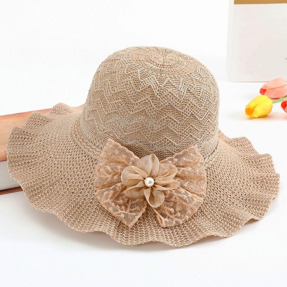 Breathable Wide Brim Straw Hat Adjustable Beach Sun Hat Sweet Ruffle Sun Hat For Women Girls