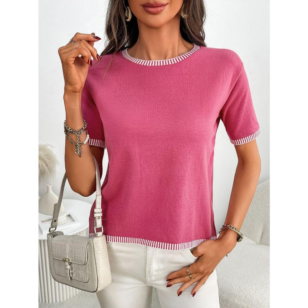 Летний новый женский свитер с круглым вырезом и короткими рукавами, полосатый вязаный свитер