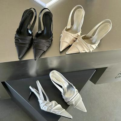 2024 2024 Босоножки женские летние новые остроносые туфли-лодочки с пустым одинарным каблуком с атласной лентой на высоком каблуке