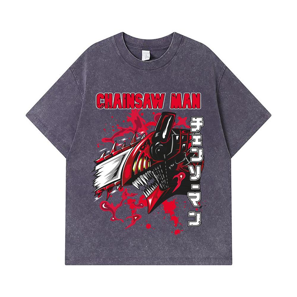 275 GSM Washed T-shirts 100% Cotton Chainsaw Man V47 Denji Print Unisex Heavy Cotton T Shirt