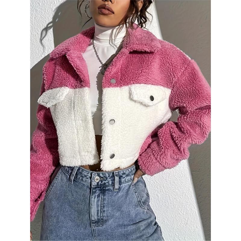 Женская флисовая куртка Color Block, укороченная, плотная, с отложным воротником, длинным рукавом, на молнии спереди