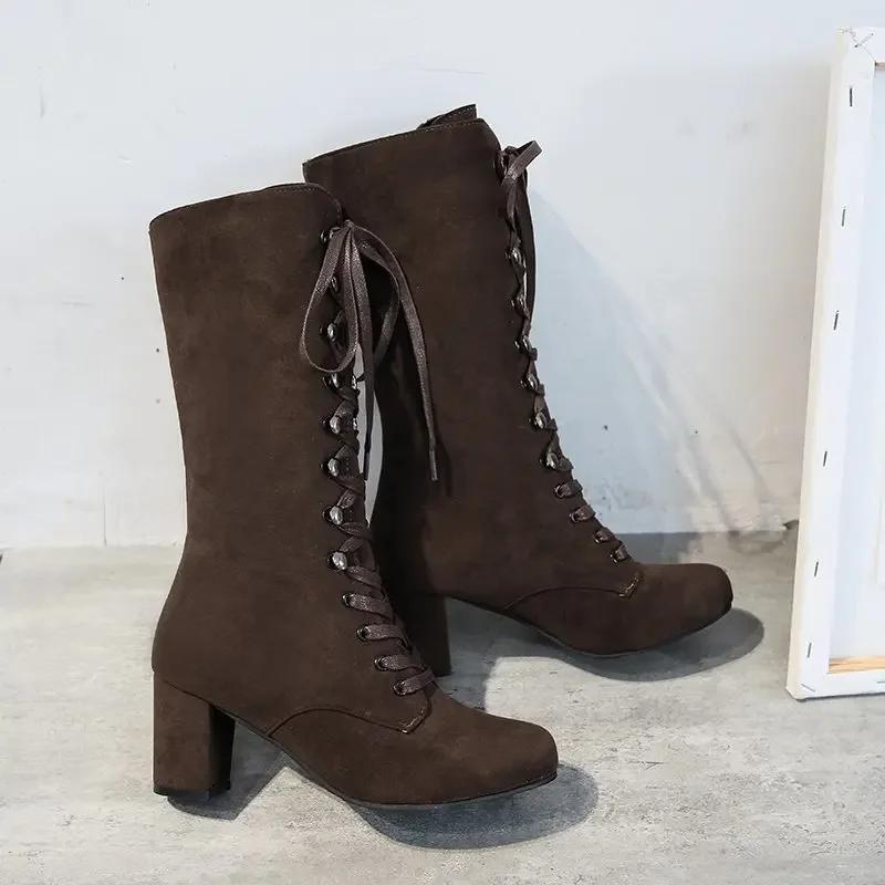 Зимние женские сапоги, модные винтажные ботинки на шнуровке, женские круглые ковбойские сапоги на высоком каблуке, женские сапоги-ботинки