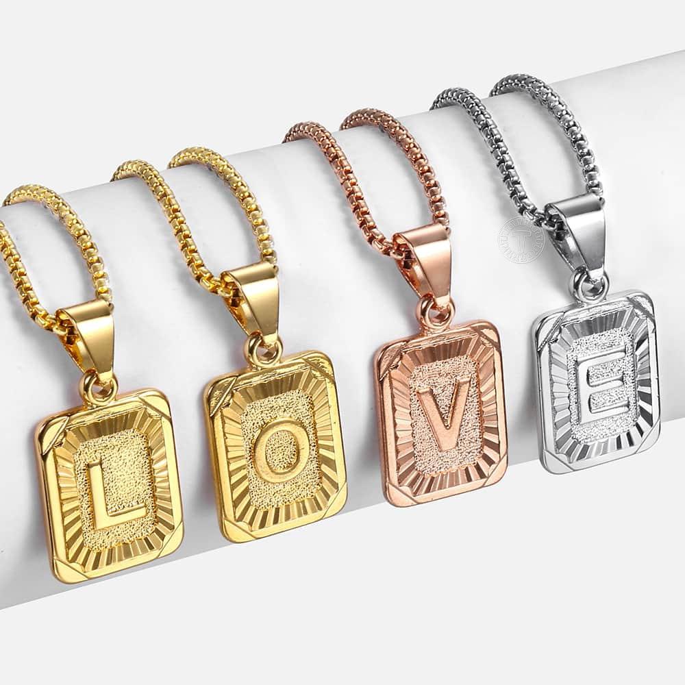 Initials Pendant Letter Name Necklace For Women Men Gold Silver Color Square Alphabet Charm Box Link Chain Couple Pendants Gpm05